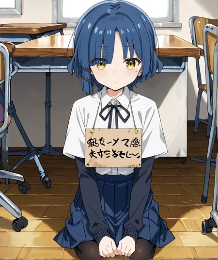 score_9,score_8_up,score_7_up,score_6_up,score_5_up,score_4_up,source_anime,best quality,masterpiece,
<lora:pet_shaming_pony_v1:1>,hansei_b,sitting,seiza,sign,
1girl,solo,
<lora:ryou-yamada-s1-ponyxl-lora-nochekaiser:1>,ryou yamada,
blue hair,eyes visible through hair,mole,mole under eye,short hair,yellow eyes,hairclips,
black pantyhose,black ribbon,blue skirt,white shirt,collared shirt,long sleeves,pantyhose,school uniform,shimokitazawa high school uniform,
indoors,wooden floor,room,expressionless,