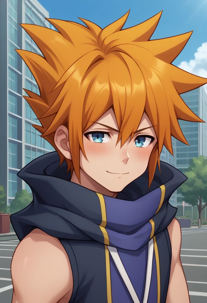score_9, score_8_up, score_7_up, source_anime, highly detailed,  
nekusakuraba, solo, 1boy, male focus, orange hair, black hair, multicolored hair, spiked hair, blue eyes,  looking at viewer, hoodie, sleeveless hoodie, high collar,  blush, ligh smile,
outdoor, street, building, sky, cloud,