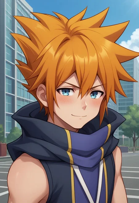 score_9, score_8_up, score_7_up, source_anime, highly detailed,
nekusakuraba, solo, 1boy, male focus, orange hair, black hair, multicolored hair, spiked hair, blue eyes, looking at viewer, hoodie, sleeveless hoodie, high collar, blush, ligh smile,
outdoor, street, building, sky, cloud,