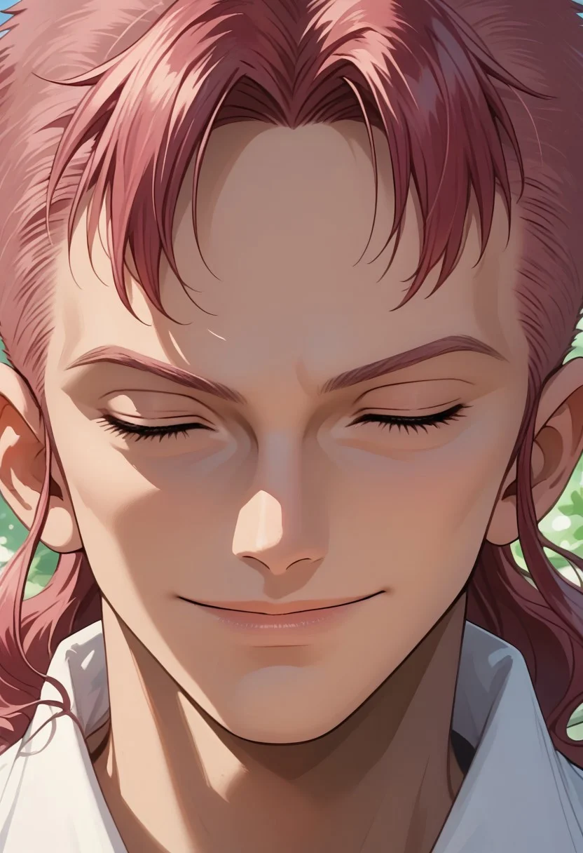 score_9, score_8_up, score_7_up, source_anime, rating_safe, BellemereOP, pink-red_hair, closed eyes, 1boy, male focus, mature male, smile, solo focus, portrait,