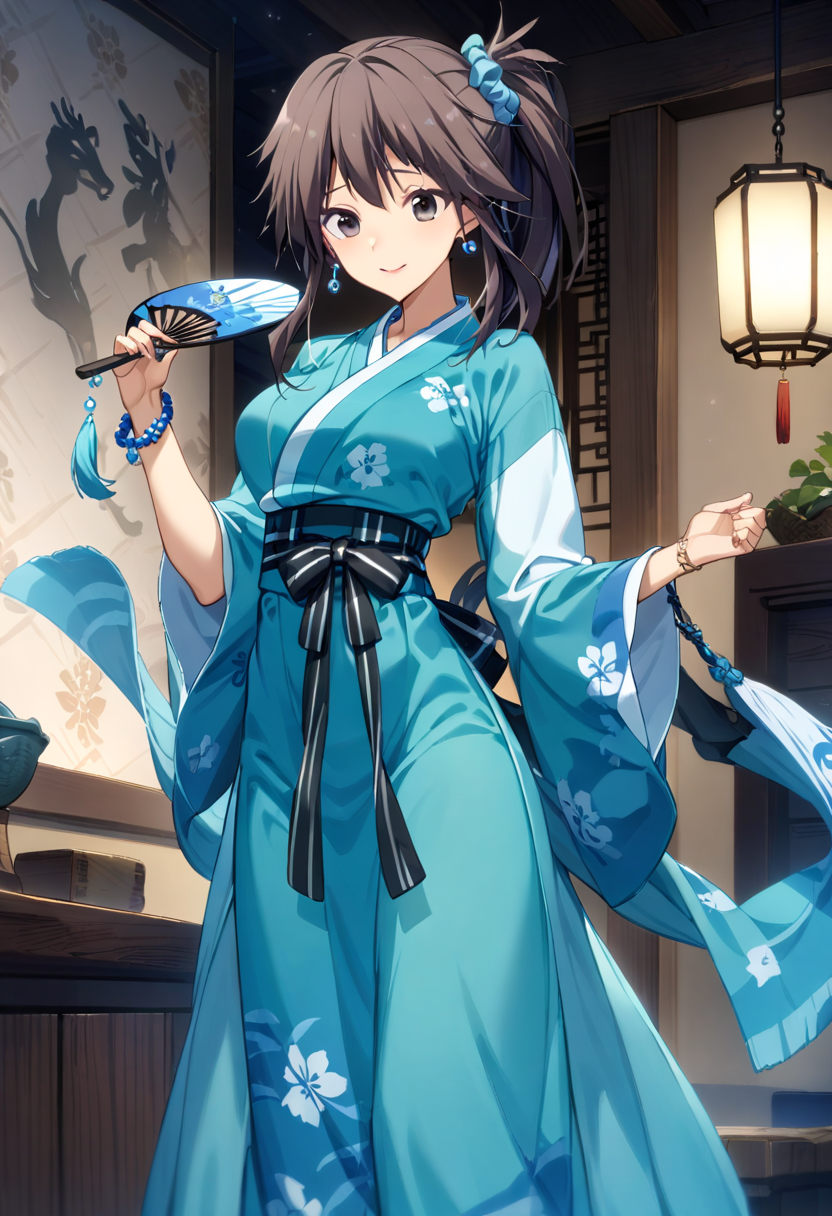 1girl, yuzuri\(memories off 8\), solo, hair scrunchie, brown hair, ponytail, one side up, black eyes, standing, chinese clothes, hanfu, smile, indoors, earrings, bracelet, holding round fan, masterpiece, best quality, very aesthetic, absurdres, highres, 4k, 8k, intricate detail, cinematic lighting, wallpaper, <lora:aesthetic_anime_v1s:1>, <lora:yuzuri-1.3:1>