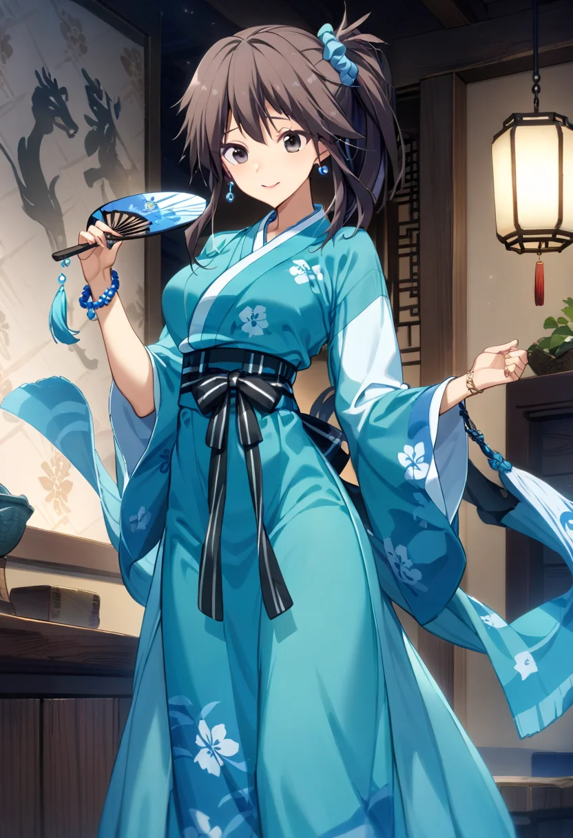 1girl, yuzuri\(memories off 8\), solo, hair scrunchie, brown hair, ponytail, one side up, black eyes, standing, chinese clothes, hanfu, smile, indoors, earrings, bracelet, holding round fan, masterpiece, best quality, very aesthetic, absurdres, highres, 4k, 8k, intricate detail, cinematic lighting, wallpaper, <lora:aesthetic_anime_v1s:1>, <lora:yuzuri-1.3:1>