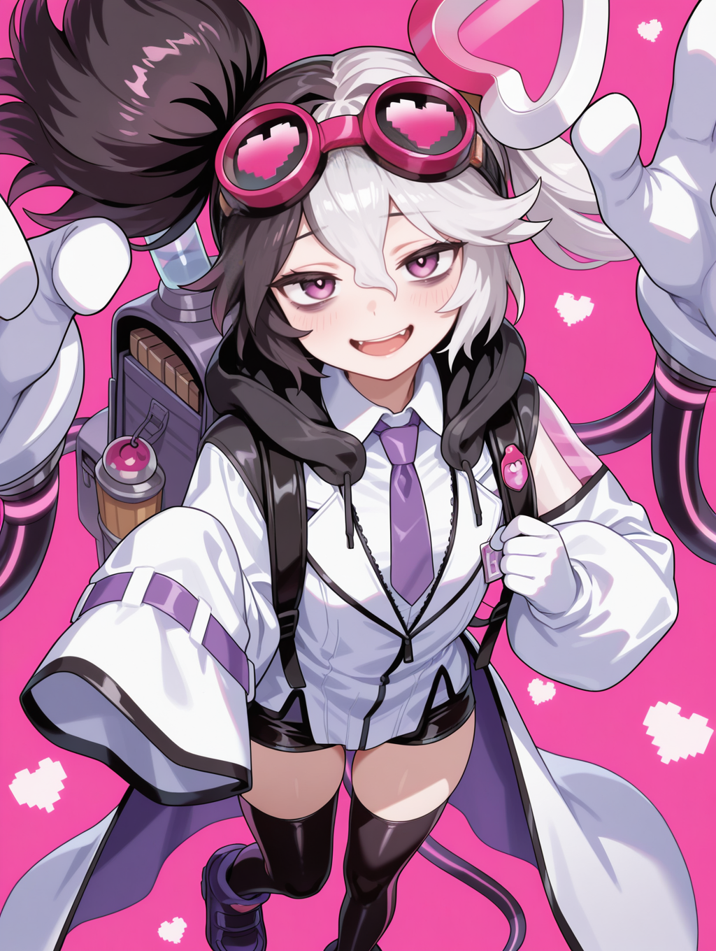 vanquish soul dr. mad love,1girl,solo,pixel heart,open mouth,looking at viewer,purple sneakers,single sleeve past fingers,smile,white hair ornament,goggles on head,white collared shirt,white labcoat,purple necktie,single white glove,black short shorts,black thighhighs,extra mechanical arms,backpack,from above,bags under eyes,
masterpiece,best quality,amazing quality,very aesthetic,absurdres,newest,<lora:Vanquish Soul Dr. Mad Love illusXL v1.1:0.72>,