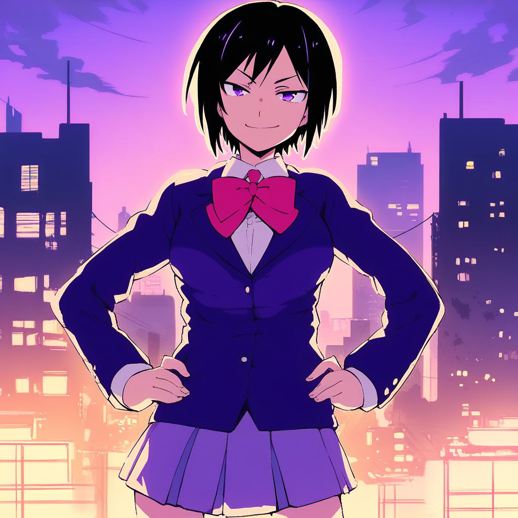 score_9, solo, hitomi_takano, short hair, black hair, purple eyes, school uniform, skirt, hands on hips, smirk, looking at viewer, city background, natural lighting