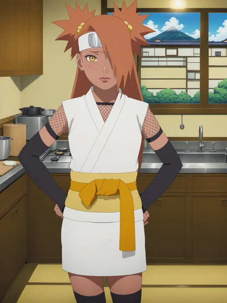 chocho akimichi, woman, chodef, dark skin, nervous, blush, submissive expression, blush, forehead protector, white kimono, fishnet shirt, black arm warmers, sleeveless, yellow sash, orange ribbon, thighhighs, toeless footwear, indoors, crossed arms, hands behind back, standing, kitchen, stove, sink, window, tokyo in background, <lora:add-detail-xl:1>, <lora:Chocho_Akimichi_sdxl_v2:1>,
