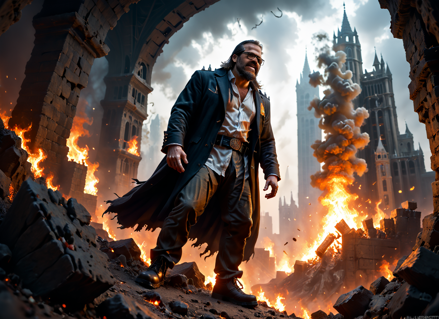 realistic, solo, dark fantasy art, apocalyptic, exaggerated facial expressions and body language, view from the side, in the style of Constantine and the Matrix, action oriented composition, dynamic action pose, extreme angle perspective, Dutch angle, view askew, angled side profile, depth of field, three dimensional wireframe composition, downblouse view, view from above, epic scale, wide angle lens, Lucifer as Prog420ress, jacket, full body, black-framed eyewear, beard, hell, fire,  portrait, formal, boots, facial hair, teeth, blood, holding a Billao  <lora:Prog420_Avatar_Pony:0.7> <lora:Prog420_Red_Everliving_Pony:0.7> <lora:Explosion Artstyle - Trigger is Explosion Artstyle_121694:0.2> Explosion Artstyle