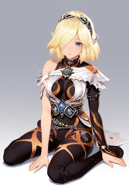 masterpiece, best quality, good quality, 1girl, solo, full body, wariza, between legs, xenoblade, white dress, bodysuit, armlet, bangle, belt, hairband, medium hair, face marks, celica, blue eyes<lora:celica illustrious 016:1>