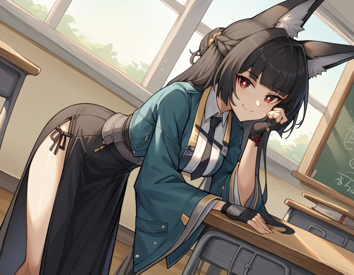 score_9, score_8_up, score_7_up, source_anime, miyabihoshimi, <lora:miyabi-hoshimi-ponyxl-lora-nochekaiser:1>, miyabi hoshimi,animal ear fluff, animal ears, black hair, bright pupils, fox ears, fox girl, half updo, long hair, red eyes, sidelocks, white pupils,, asymmetrical gloves, black gloves, black necktie, black skirt, blue jacket, collared shirt, fingerless gloves, gloves, high-waist skirt, jacket, long skirt, necktie, shirt, side slit, single fingerless glove, skirt, white shirt, wide sleeves,, indoors, classroom, bent over, smile, looking at viewer, solo, cowboy shot, dutch angle