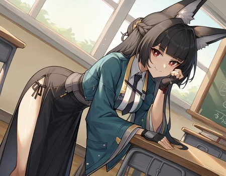 score_9, score_8_up, score_7_up, source_anime, miyabihoshimi, <lora:miyabi-hoshimi-ponyxl-lora-nochekaiser:1>, miyabi hoshimi,animal ear fluff, animal ears, black hair, bright pupils, fox ears, fox girl, half updo, long hair, red eyes, sidelocks, white pupils,, asymmetrical gloves, black gloves, black necktie, black skirt, blue jacket, collared shirt, fingerless gloves, gloves, high-waist skirt, jacket, long skirt, necktie, shirt, side slit, single fingerless glove, skirt, white shirt, wide sleeves,, indoors, classroom, bent over, smile, looking at viewer, solo, cowboy shot, dutch angle