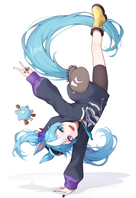 score_9,score_8_up,score_7_up,<lora:handstand_one:1>,twin turbo (umamusume), 1girl, handstand, solo, horse ears, animal ears, black nails, sharp teeth, horse girl, long hair, yellow footwear, boots, blue hair, teeth, heterochromia, purple eyes, stuffed rabbit, horse tail, tail, v, @ @, stuffed animal, ahoge, stuffed toy, white background, long sleeves, twintails, open mouth, looking at viewer, smile, blue eyes, simple background, hood, full body, bodysuit, aqua hair, crossed bangs, black bodysuit, leg up, w, hooded coat, nail polish, multicolored hair, arm support, hoodie, hood down, multicolored coat, one_arm_handstand