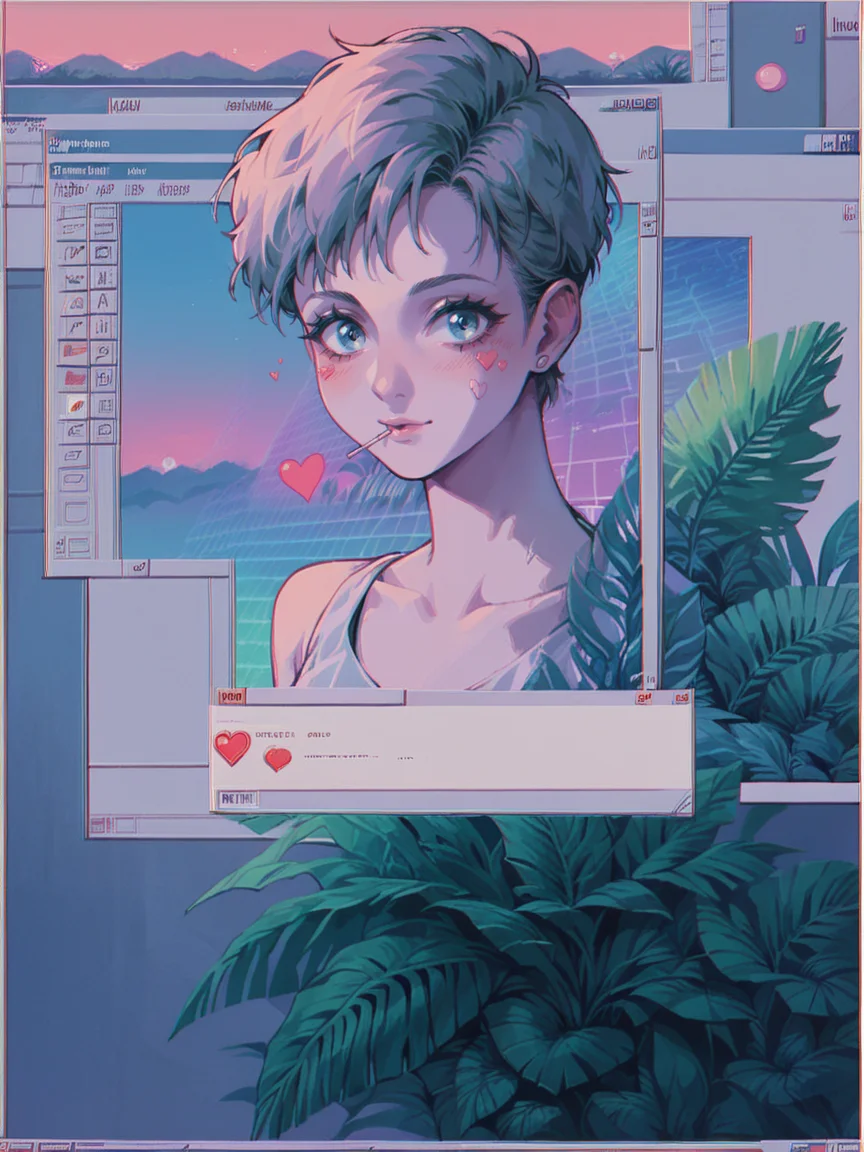 score_9, score_8_up, score_7_up, score_6_up, <lora:win98XLP:1> win98, fake screenshot, 1990s \(style\), retrowave, 1girl, plants, hearts