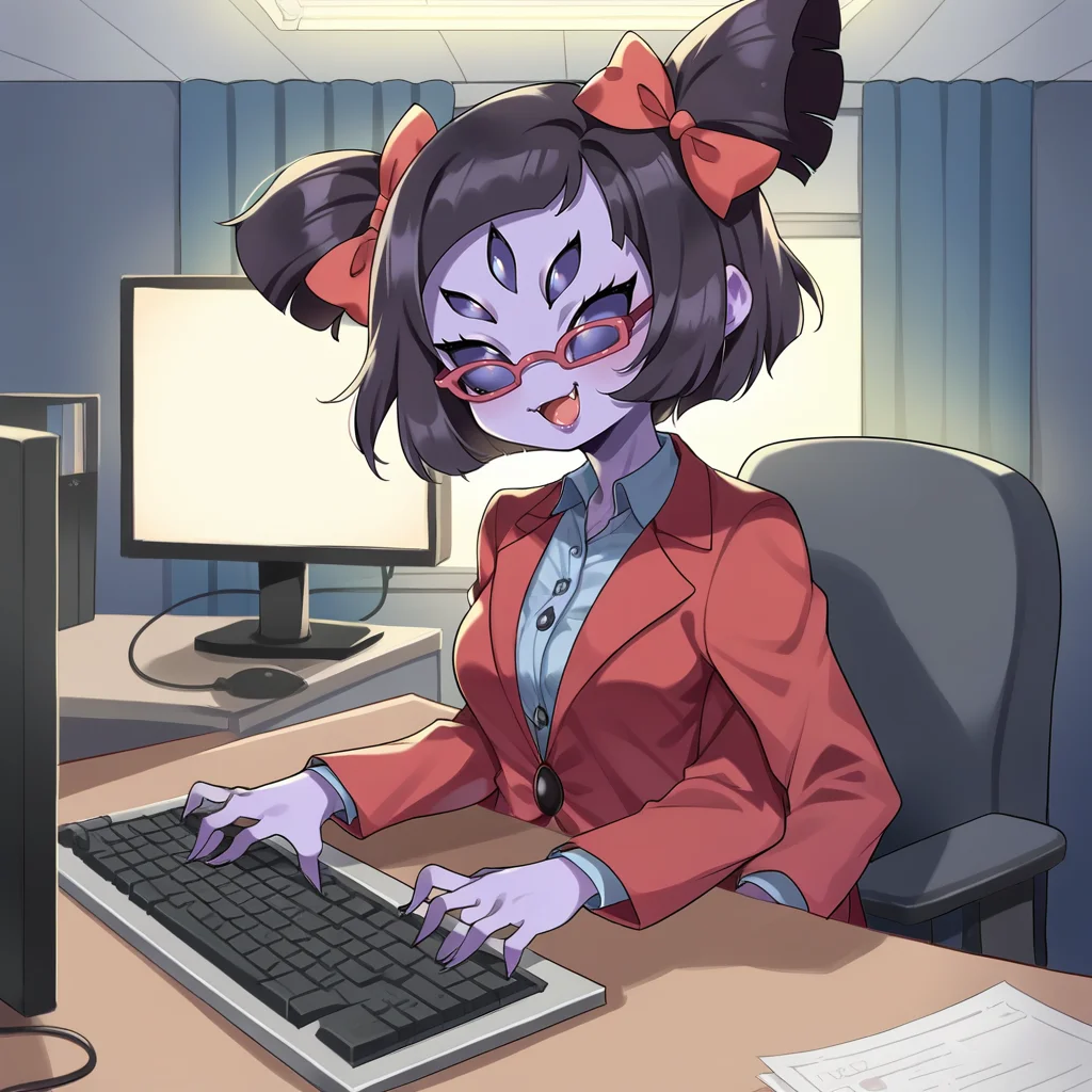 score_9, score_8_up, score_7_up, score_6_up, score_5_up, score_4_up, zPDXL2,source_anime,rating_questionable, 1girl, solo, <lora:Typing:0.7> typ1ng, sitting, keyboard (computer), monitor, indoors, office, night time, sunset, muffet undertale, multiple arms, red blazer, glasses