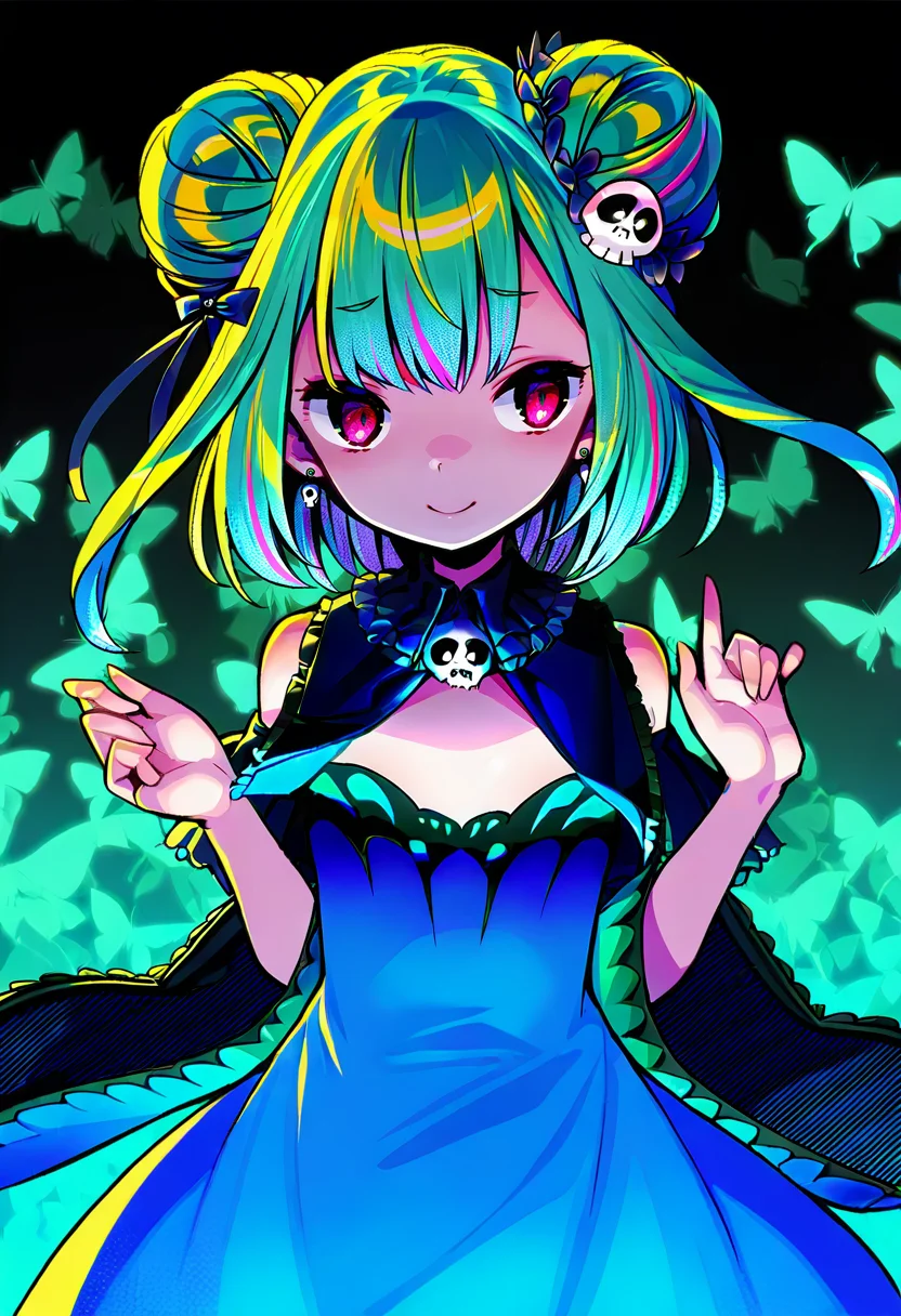 1girl, uruha rushia, virtual youtuber, double bun, solo, hair bun, skull hair ornament, hair ornament, green hair, dress, jewelry, skull earrings, butterfly print, earrings, butterfly, red eyes, animal print, bug, blue dress, smile, detached sleeves, multicolored hair, short hair, closed mouth, bangs, wide sleeves, ribbon, flat chest, hair ribbon, blue sleeves, brooch, hands up, short dress, bare shoulders, blue butterfly <lora:gyokaiXL_NBVP1_lokr_V6311PZ:0.95>