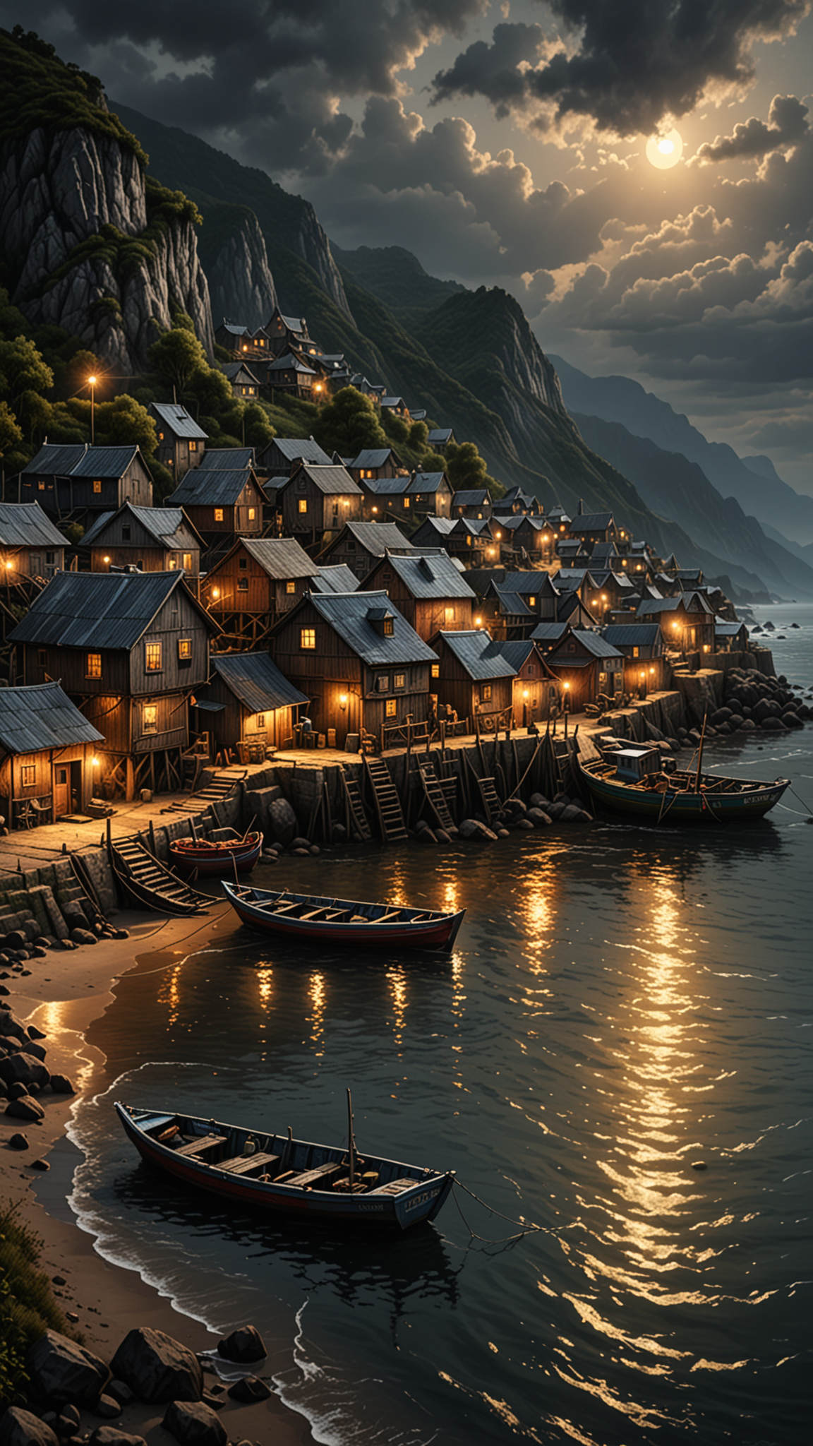oil painting, A picturesque fishing village at the mouth of a wild river, dramatic light, (darkness), 34K uhd, masterpiece, high detail, 8k, intricate, detailed, high resolution, high res, high quality, highly detailed, Extremely high-resolution details, fine texture,