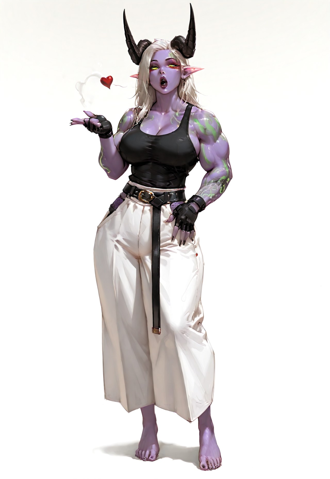 masterpiece, best quality, 
klskx, masterpiece, best quality, amazing quality,  Smooth Quality, detailed background Background,close up,
BREAK
Velravyn, HunterMarks, klskx
BREAK 
black tank top, black fingerless gloves, white hakama pants, side vents, barefoot. 
BREAK
blowing kiss to the viewer, vile and tainted look