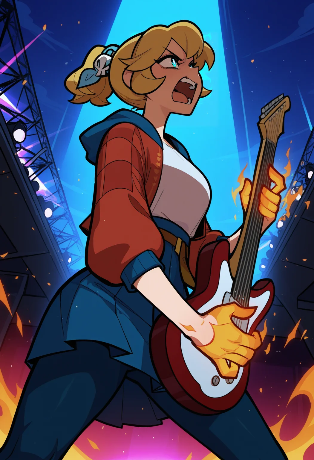 masterpiece, best quality, amazing quality,,<lora:cadence_illustrious_byJaneB:1>,1igrl. solo, c4dence,
red jacket, , blue skirt, pantyhose, white shirt , flaming fingers, night,power aura , shouting, dynamic shot, lighting, concert, guitar,