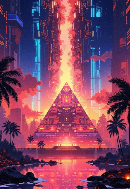 A digital anime artwork in the style of cklg, A digital painting in the style of ck-js, pyramids neon fire in the eternal night, built from futuristic nano-glass, cascading holographic patterns,