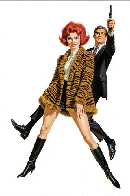 robmc1 illustration.
robmc1 illustration. The scene features a striking woman and a man in a dynamic pose, suggesting a dramatic, action-packed moment. The woman, positioned in the foreground, has short, voluminous, curly red hair styled in a classic, dramatic bob. She wears gogo boots, micro mini skirt and a short coat with tiger stripes. The man is jumping behind him, holding up a gun into the air. <lora:robmc1_cap_d6a3e12:1.0><lora:820306348290904519:0>
