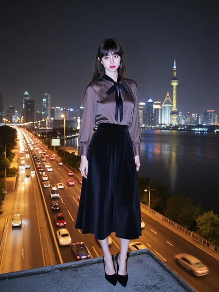 There are wonderful studio lights and various reflections,
18yo beautiful cute girl with blushing and female orgasm.skin naturally showing the texture of blood vessels and detailed pale skin,
--,
<lora:Nakajo_Ayami_f1:1>,she is Nakajo Ayami,
(Velvet_midi_skirt:1.5),(Satin_blouse_with_bow_tie:1.4),(Pointed-toe_mules:1.3), Long exposure photo,photography,She is in the main center of the picture,standing on the edge of the roof of a skyscraper. Cars are flowing on the street,and behind her,the night road forms a torrent of cars. In the distance,the background is the Shanghai Oriental Pearl Tower and the Huangpu River,and the city scenery is viewed from a bird's-eye view.,,#䏿µ·å¤æ¯