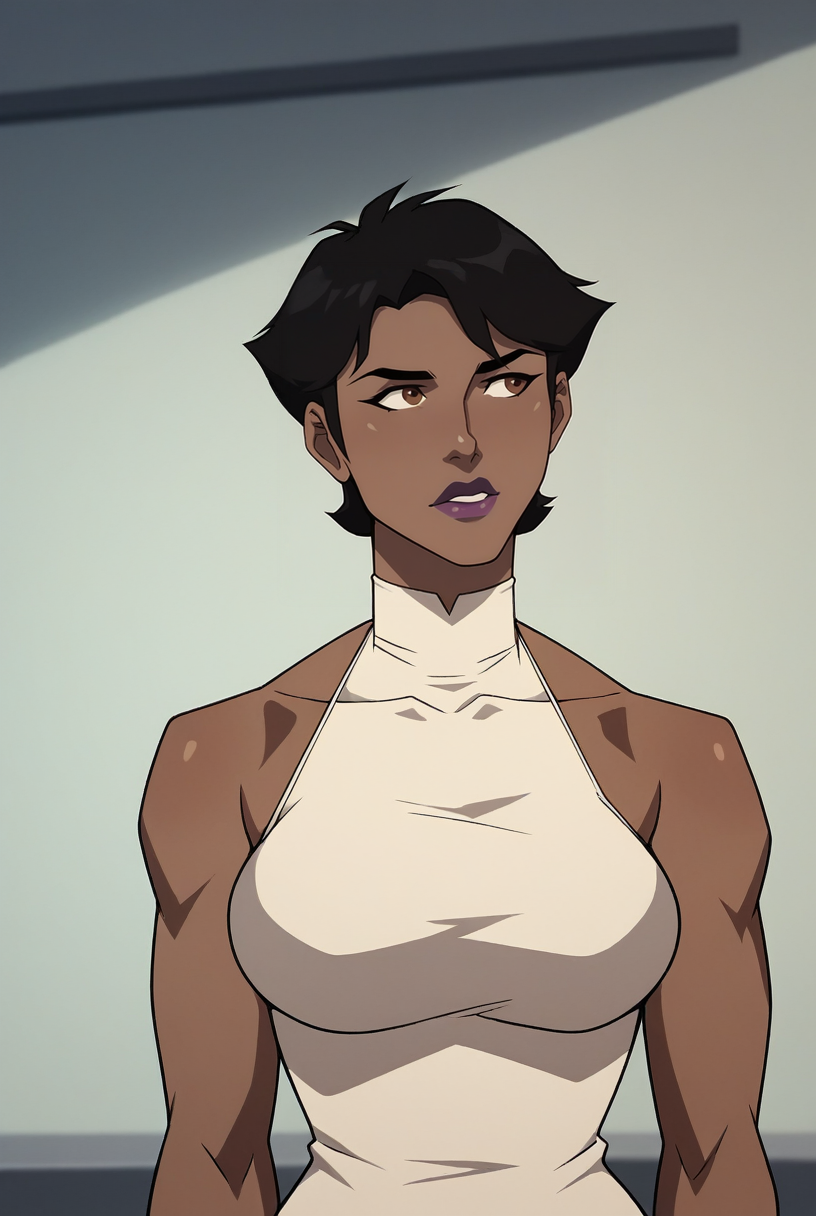 <lora:WW White Dress:1> wwwdress, bare shoulders, halterneck dress, white dress, sleeveless turtleneck, BREAK
<lora:MariMcCabepony:1>  vx_casual, black hair, brown eyes, short hair, dark-skinned female, lipstick, purple lips, large breasts, looking away, office,, 16k, masterpiece, absurdes, highly detailed, highres, high quality, best quality, score_9, score_8_up, score_7_up, score_6_up