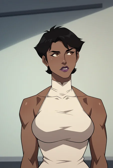 <lora:WW White Dress:1> wwwdress, bare shoulders, halterneck dress, white dress, sleeveless turtleneck, BREAK
<lora:MariMcCabepony:1> vx_casual, black hair, brown eyes, short hair, dark-skinned female, lipstick, purple lips, large breasts, looking away, office,, 16k, masterpiece, absurdes, highly detailed, highres, high quality, best quality, score_9, score_8_up, score_7_up, score_6_up