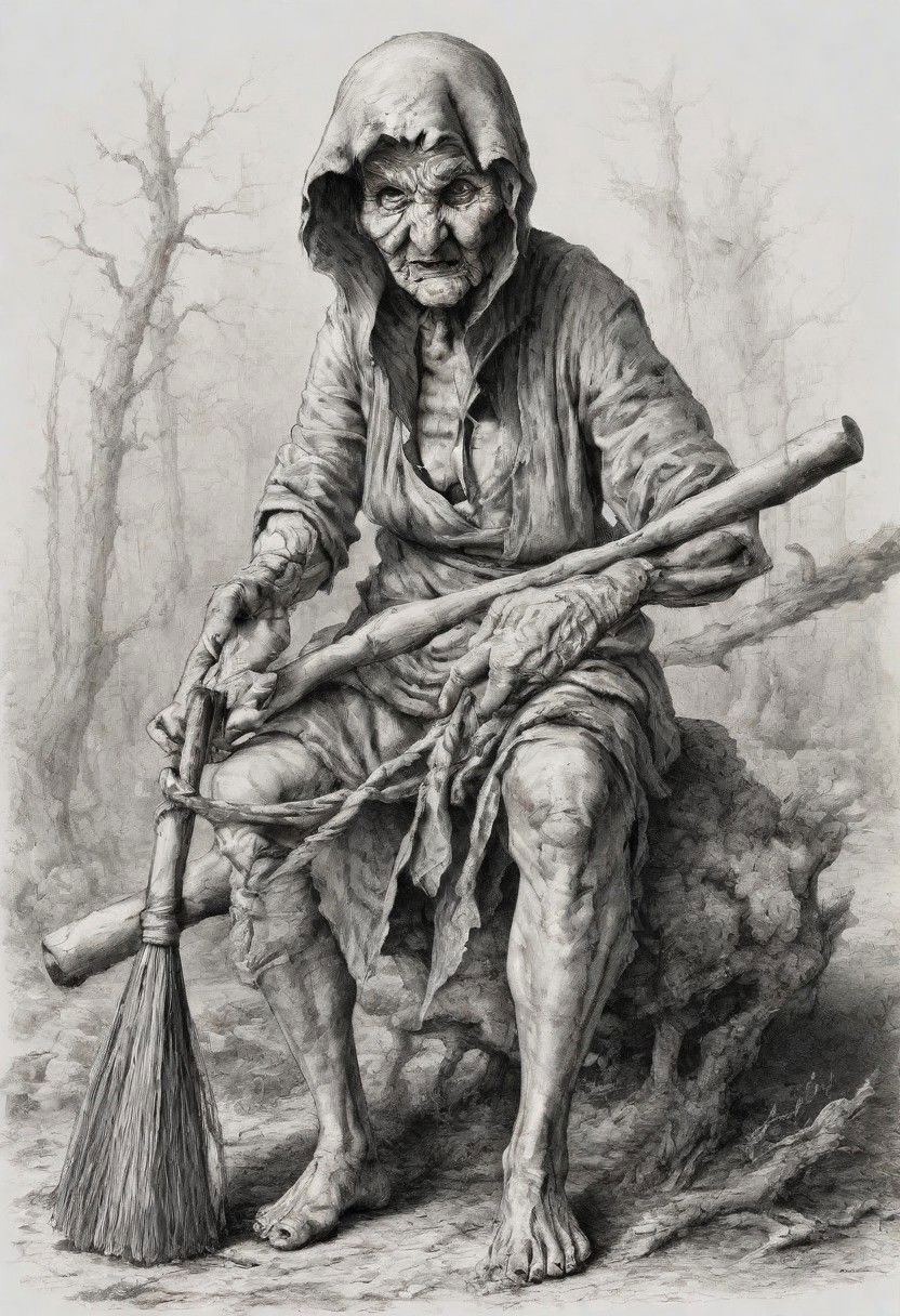 cartoon art, An old woman with long gray hair and a headscarf tied on her head is flying inside a large mortar with a broom in her hands, she has a long crocheted nose1 close up