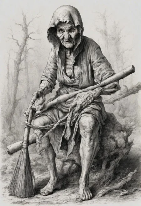 cartoon art, An old woman with long gray hair and a headscarf tied on her head is flying inside a large mortar with a broom in her hands, she has a long crocheted nose1 close up