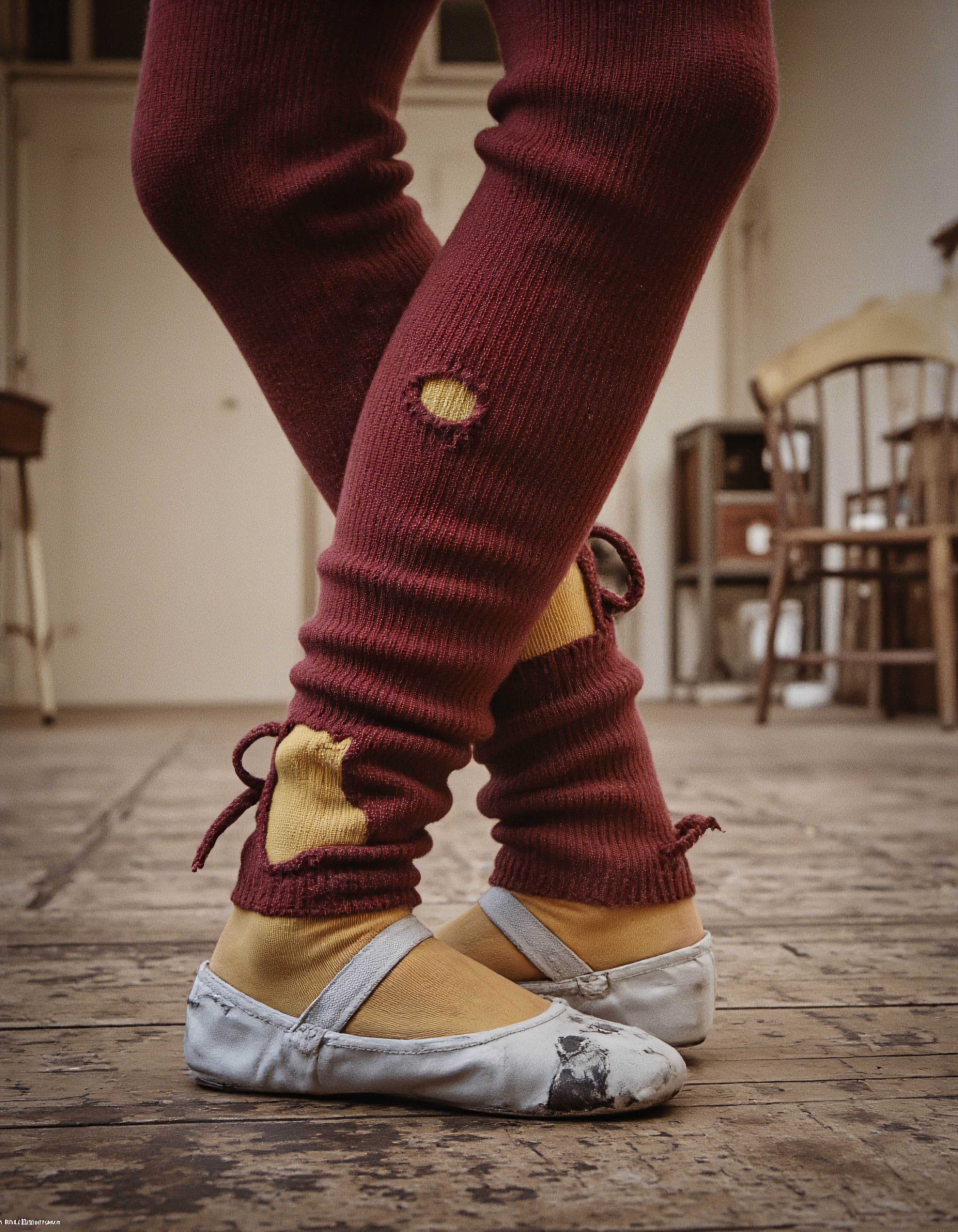 A high-contrast photo of a dancer posing for a picture, capturing the worn-out ballet slippers and tattered leg warmers in a gritty, realistic style reminiscent of David Bailey's iconic photography. The image focus on the dancer's feet, showcasing the intricate details of the frayed fabric and the texture of the worn shoes against a rustic, wooden studio floor. The background hint at a dance studio, with blurred elements like a vintage chair and old furniture to enhance the sense of a well-used practice space. Position the dancer's feet centrally, with the legs slightly bent to convey a moment of rest or preparation. A muted color palette dominated by deep reds, warm yellows, and neutral browns, with soft, natural lighting filtering in from the left to cast gentle shadows and highlight the textures. The leg warmers have visible holes and worn patches, and the ballet slippers show signs of extensive use, with frayed edges and discoloration. Shoot the image with a medium-format camera from a low angle, looking up slightly to emphasize the details and create a sense of intimacy and immediacy. <lora:david-bailey-flux1-dev-v1:1>, aidmaimageupgrader <lora:aidmaImageUpraderv0.3:0.5>, <lora:photo-enhancer10:0.7>