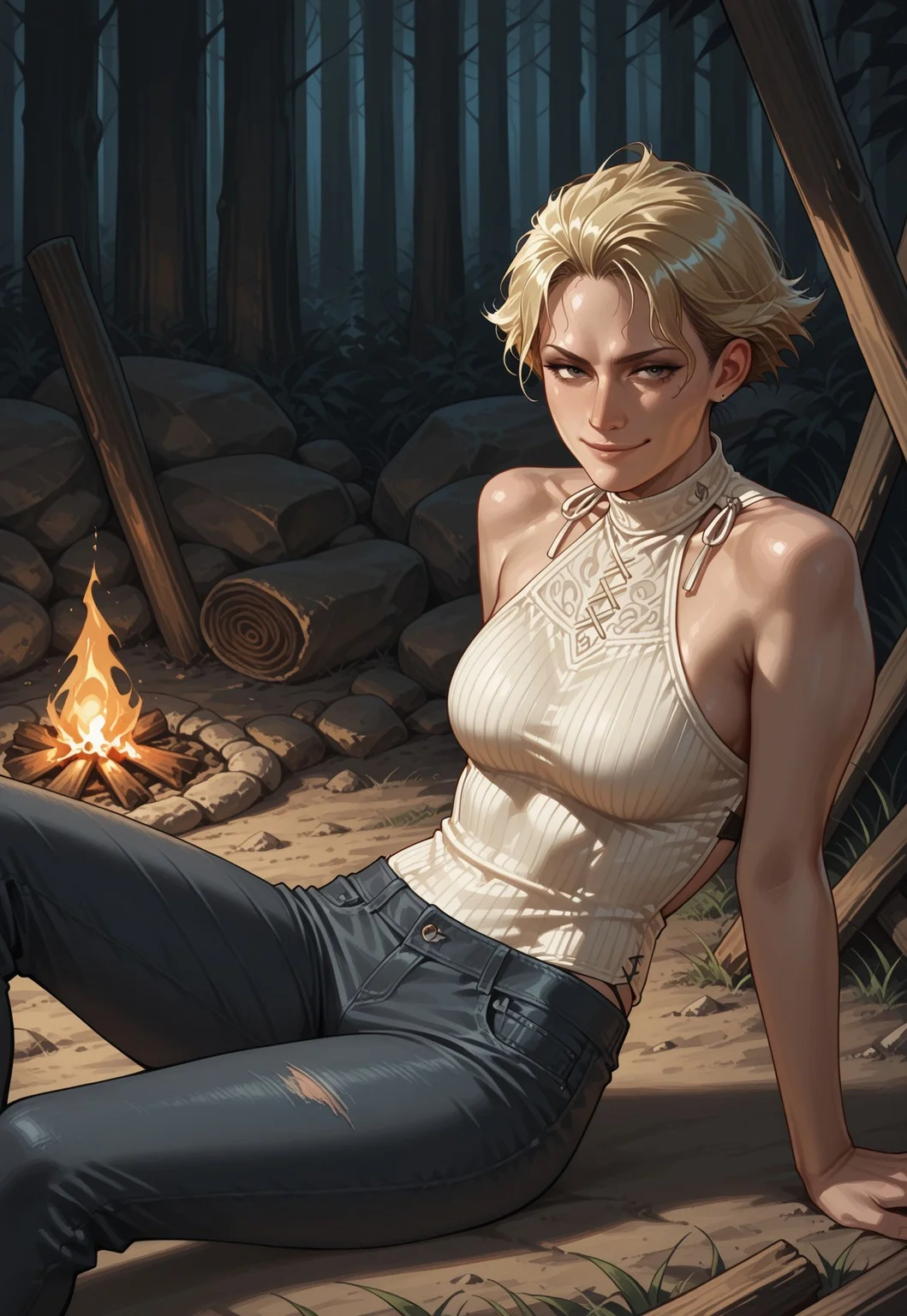 masterpiece, best quality, realistic, small smirk, 1girl, solo, oliviamhw, blonde hair, short hair, breasts, halterneck, sleeveless, pants, sitting on ground, reclining, arm support, campfire,