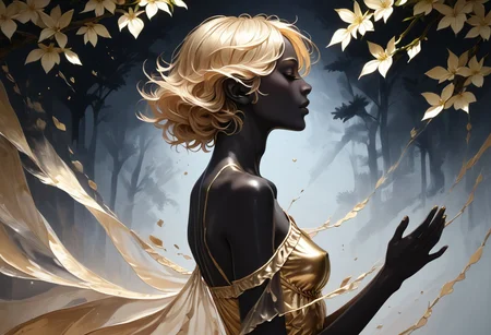 zPDXL3, ((score_9, score_8_up, score_7_up)), masterpiece, detailed, perfect face, perfect anatomy, 1boy, Cyrus the great, elven ears, slim body, black skin, golden dress, reaching, flower tree, silhouette_with_gold_foil, abstract, metallic shine, from side, dark background,