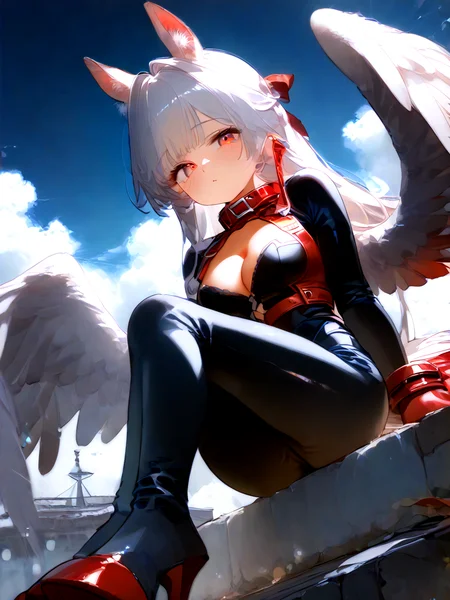 score_9, score_8_up, score_7_up, source_anime, break,  pretty sexy 1girl, Expressiveh, detailed eyes, Uncensored, Erotic, lustful, rutting, seduction,
Sitting high above the city, face focus, white feathered wings, looking at viewer. The atmosphere around her is dark and somber, reflecting her inner turmoil and resilience. The background is a desolate, barren landscape with a brilliant,
warm cloud filled twilight sky, unique angle,solo,feet focus, sitting, from below,
ponygirl,middle breasts, cleavage, white  hair, red eyes, red leather collar, :3, blush, (white horse's tail, red hoof hooves:1.5), leather horsewhip,  (black Smooth soft catsuit:1.3),  depth of field, light particles,
<lora:detailed_notrigger:1> <lora:Expressive_H:1><lora:naipf:0.8>