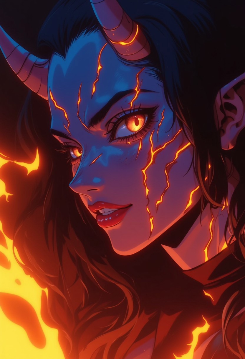A close-up portrait of a demon woman with molten lava-like cracks on her skin, her fiery eyes glowing intensely. Her horns are jagged and sharp, resembling molten stone, and her expression is one of wrath and destruction, with flames flickering around her face, anime style, women, demon women, cute face, perfect body, perfect smile, REALNIME, Dark Neon Fantasy.