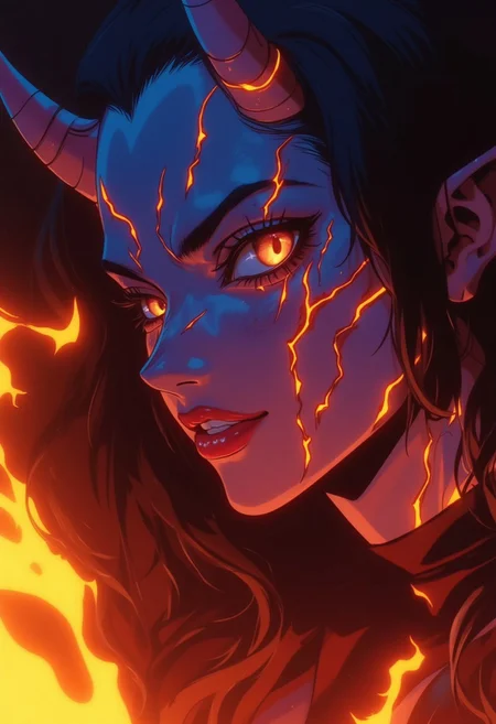 A close-up portrait of a demon woman with molten lava-like cracks on her skin, her fiery eyes glowing intensely. Her horns are jagged and sharp, resembling molten stone, and her expression is one of wrath and destruction, with flames flickering around her face, anime style, women, demon women, cute face, perfect body, perfect smile, REALNIME, Dark Neon Fantasy.