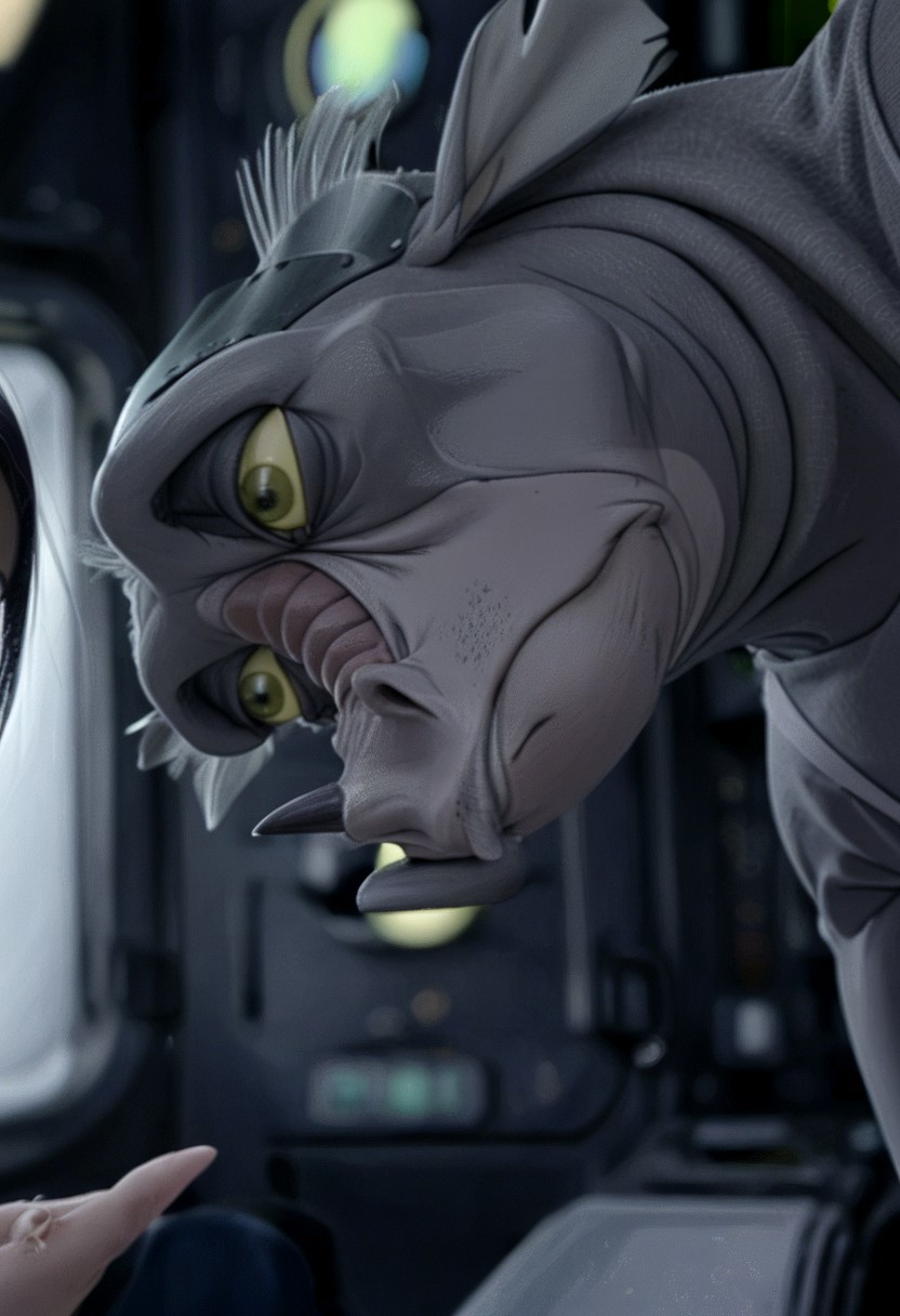 score_9, score_8_up, score_7_up, source:furry, anthro, furry, lips, furry, solo, Male,
BREAK
Pr33d_TAE, Preed, Akrennian, Titan AE, humanoid alien, humanoid creature, long snout, animal nostrils, black horn, nose horn nose-horn, animal ears, yellow sclera, green eyes, grey inner ears, missing left ear, mauve skin, beige snout, brown snout ridges, beige forearms, beige hands, pronounced cheekbones, angular face, pronounced bottom lip, light beige lip, big bottom lip, dark eye-circles, dark eyelids, armpit fins, thick neck, skinny, long fingers, dark grey claws, head plate,