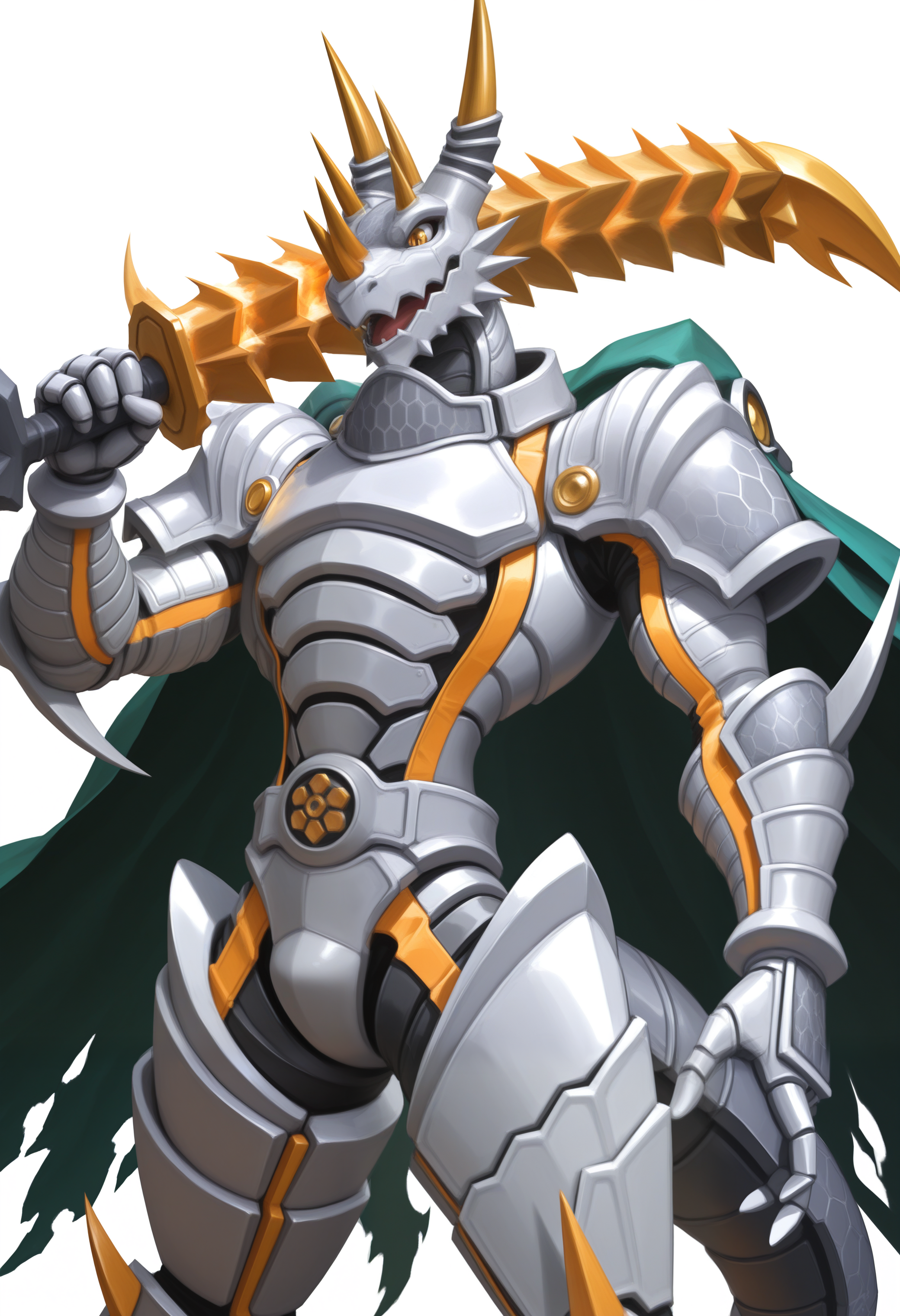masterpiece,best quality,amazing quality, 1boy, solo, sl4y3r, digimon (creature), green cape, cowboy shot, sword_over_shoulder, 