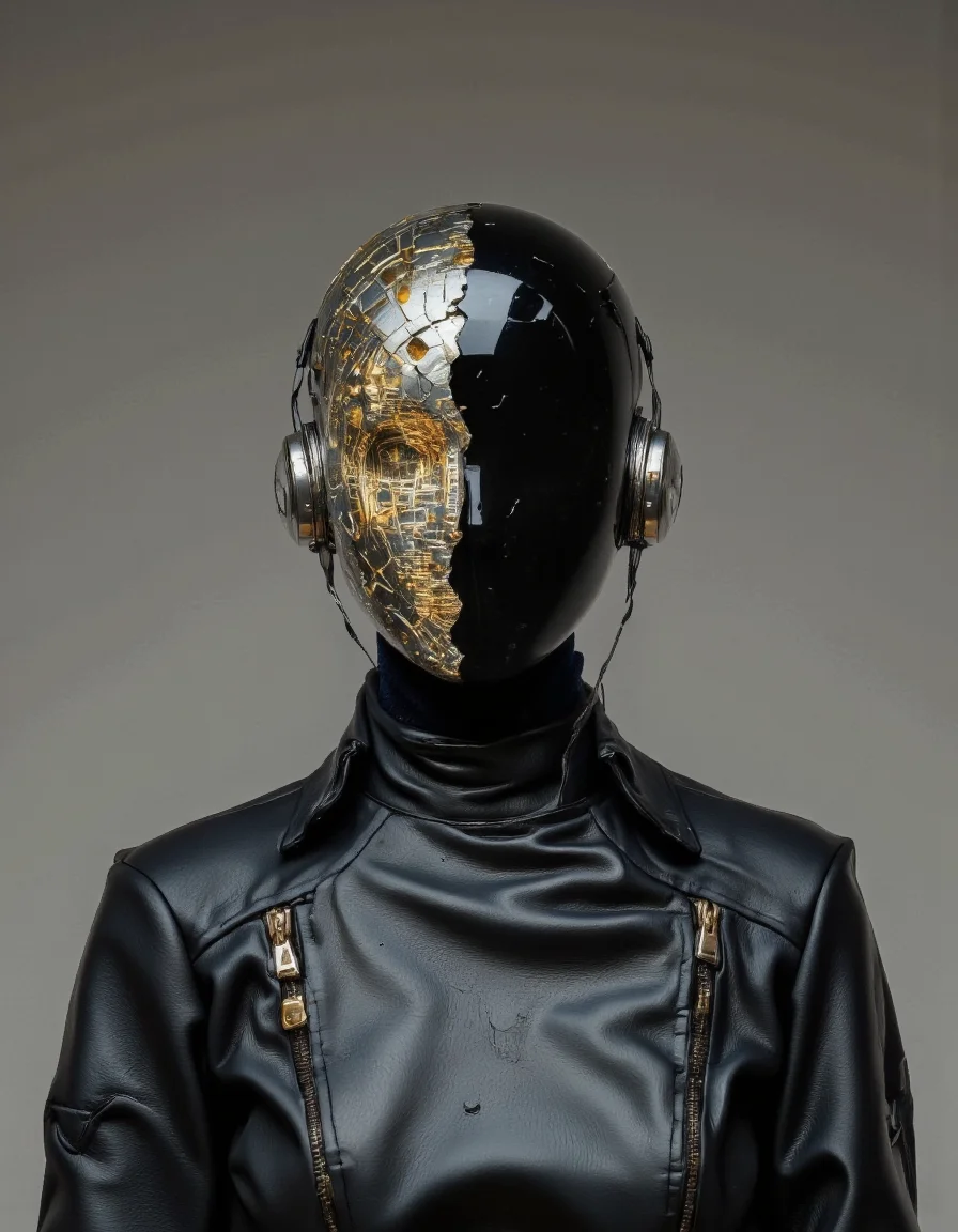 SentinelBot. This is a high-quality CGI image depicting a futuristic, metallic humanoid figure with a glossy black helmet. The helmet's surface is cracked, revealing an intricate, glowing circuitry pattern beneath, creating a stark contrast. The figure is dressed in a sleek, black leather jacket with gold accents, zippers, and a high collar, giving it a cyberpunk aesthetic. The background is a plain, gradient grey, ensuring all focus remains on the subject. The lighting is artificial, casting soft highlights and shadows, enhancing the metallic textures. The composition uses symmetry, with the figure centered and the helmet's cracks creating leading lines that draw the eye inward. The depth of field is shallow, with the background blurred to emphasize the detailed foreground. The overall aesthetic is very high, with a polished, professional finish. <lora:The_Vanguard:1.15>