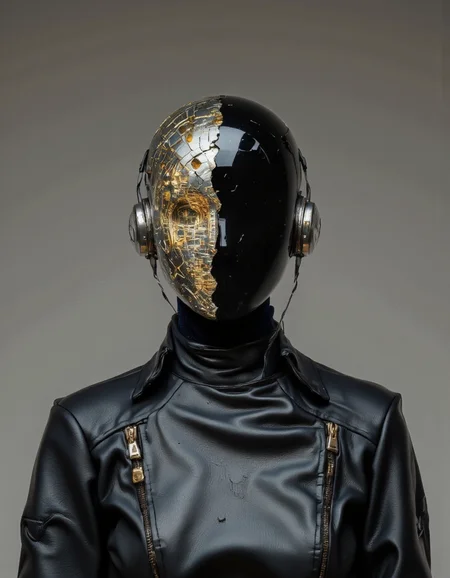 SentinelBot. This is a high-quality CGI image depicting a futuristic, metallic humanoid figure with a glossy black helmet. The helmet's surface is cracked, revealing an intricate, glowing circuitry pattern beneath, creating a stark contrast. The figure is dressed in a sleek, black leather jacket with gold accents, zippers, and a high collar, giving it a cyberpunk aesthetic. The background is a plain, gradient grey, ensuring all focus remains on the subject. The lighting is artificial, casting soft highlights and shadows, enhancing the metallic textures. The composition uses symmetry, with the figure centered and the helmet's cracks creating leading lines that draw the eye inward. The depth of field is shallow, with the background blurred to emphasize the detailed foreground. The overall aesthetic is very high, with a polished, professional finish. <lora:The_Vanguard:1.15>