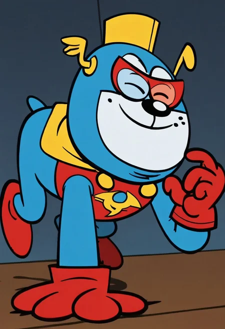 (score_9 | score_8_up | score_7_up) ((masterpiece:1))(best quality,very high quality,ultra detailed:1.2) (2D,cartoon style,anime style)(Smooth:2)(clean blurring) (four fingers on each hand,one thumb on each hand:1), solo, charles, dog, black spot on left eye, white, paws, all fours, happy, red blue and yellow super hero costume, blue super hero costume, super hero, red goggles, two side winged headpiece, yellow cape, thick red boots, red glove, 'A' Logo in the middle,