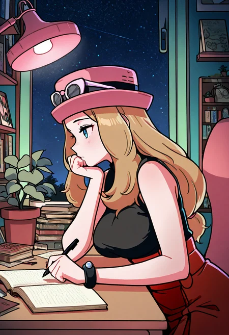 masterpiece, best quality, medium breasts, (curvy), BREAK, zzSerena, solo, long hair, blue eyes, eyewear on headwear, pink headwear, eyelashes, sleeveless shirt, black shirt, bracelet, high-waist skirt, <lora:SerenaPokemonIXL_v2:1.0>,zzLofi, sitting, side view, desk, chair, book, bookshelf, head rest, holding, holding pen, lamp, night, open book, pen, plant, potted plant, sky, star (sky), starry sky, window, windowsill, writing, , <lora:LofiGirl_Style_IXL:1.0>, (upper body),