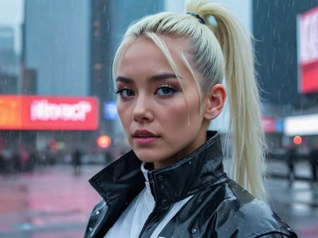 A headshot photo of a female with platinum blonde hair styled in a high ponytail, wearing a sleek cyberpunk jacket, against a rainy cityscape with holographic billboards.