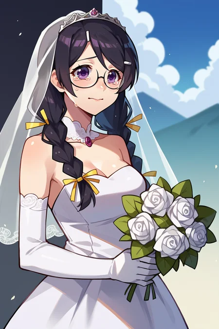 score_9, score_8_up, score_7_up, score_6_up, source_anime, BREAK 1girl, solo  <lora:tsubasa-pdxl-nvwls-v1-000005:1> defTsubasa, black hair, purple eyes, twin braids, hairclip, glasses, wedding dress, bridal veil, blue sky, elbow gloves, bouquet, happy, tears in eyes