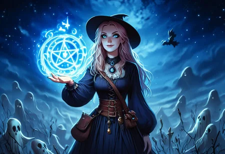 FlshfrGR, a witch with a tiny ghost familiar, she is the essence of night
