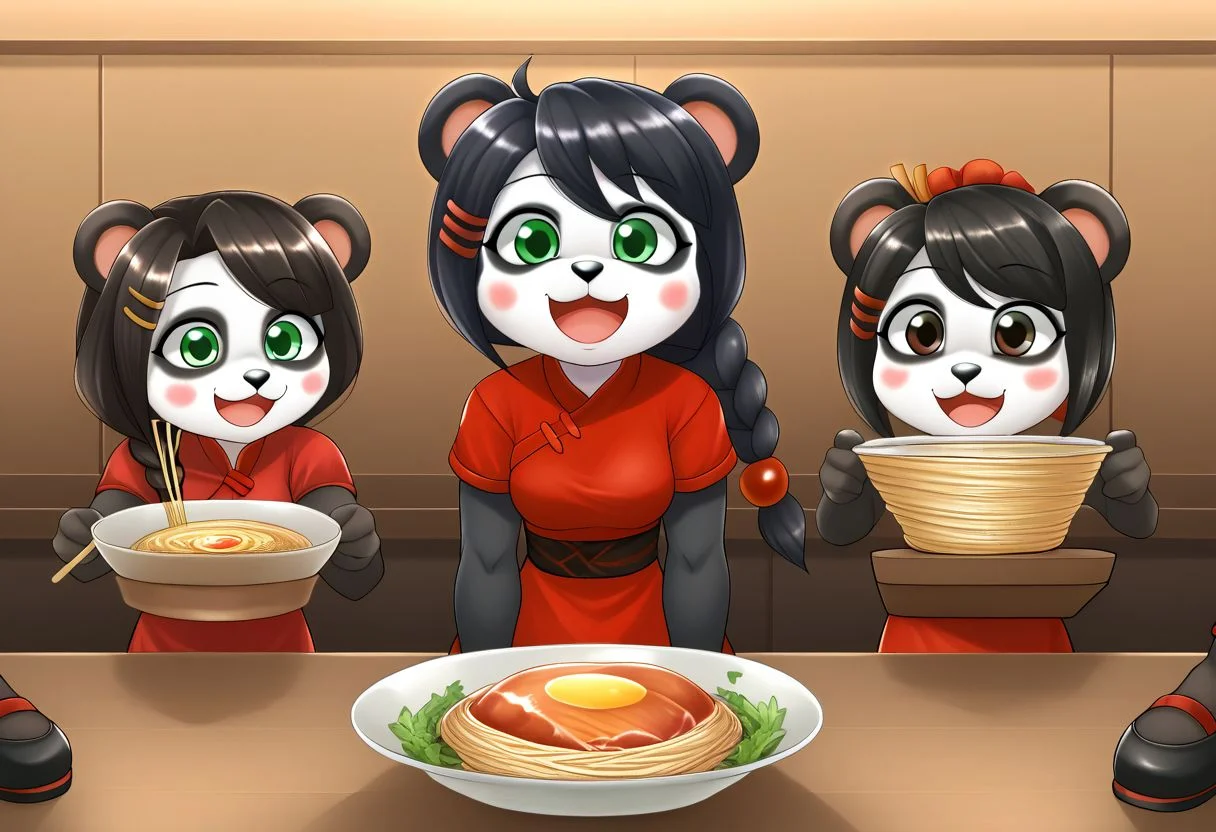 zPDXLxxx, YayaPandaPXL, furry,furry female, animal ears, green eyes, braid, black hair, panda ears, hair over shoulder, hair ornament, animal nose, blush, blush stickers, happy, simple chinese red dress, joyful, black chinese pants, black chinese shoes, serving ramen noodles, working at ramen stand, ramen stand, cheerful, happy ramen customers,