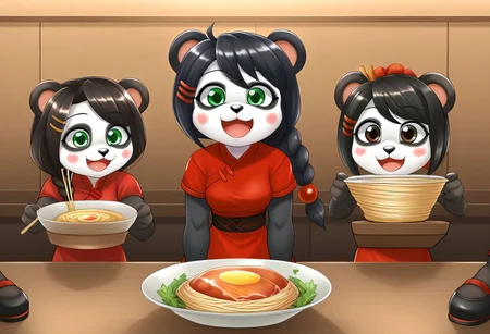 zPDXLxxx, YayaPandaPXL, furry,furry female, animal ears, green eyes, braid, black hair, panda ears, hair over shoulder, hair ornament, animal nose, blush, blush stickers, happy, simple chinese red dress, joyful, black chinese pants, black chinese shoes, serving ramen noodles, working at ramen stand, ramen stand, cheerful, happy ramen customers,