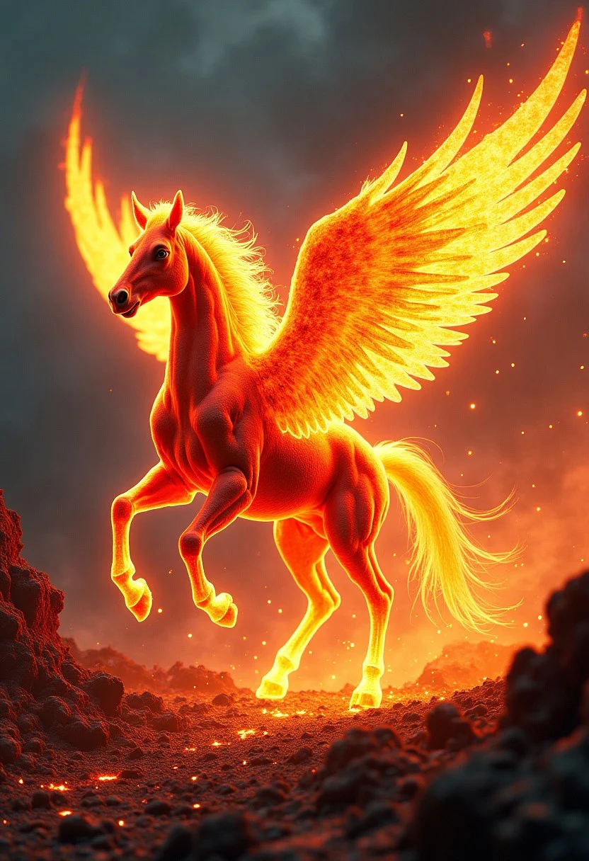 An epic fire pegasus stands majestically in a dynamic, fiery landscape, its body blazing with intense flames that flicker and roar like a living inferno. Its mane and tail are cascading streams of fire, glowing in hues of orange, red, and hints of blue, radiating light across the scene. The wings are immense, formed of crackling flames that leave trails of embers and sparks as they stretch wide, as if ready for flight. Its eyes burn with an inner light, like molten lava, and its hooves scorch the ground beneath, leaving glowing embers in its wake. The surrounding environment is illuminated by its fiery glow, with charred rocks and swirling ash creating a sense of power and destruction. This mythical creature exudes strength, grace, and an unstoppable, otherworldly energy, as though it were born from the heart of a volcano