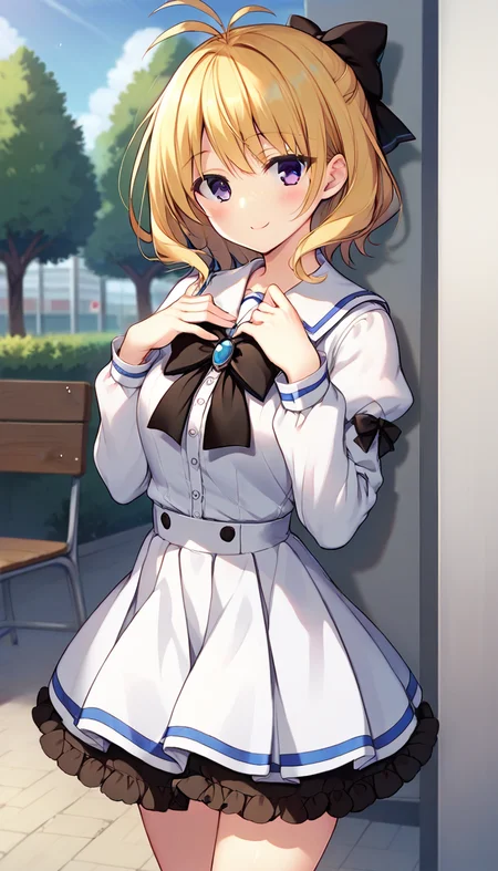 score_9,score_8_up,score_7_up,score_6_up BREAK official art,solo,outdoors,cowboy shot,looking at viewer,facing viewer,smile,blush,Aki Kanoko,antenna hair,short hair,blonde hair,hair bow,black bow,bangs,purple eyes,school uniform,black ribbon,white shirt,long sleeves,puffy detached sleeves,white skirt,frilled skirt,white socks,loafers,<lora:Aki Kanoko(pa)-Pony:1.2>,