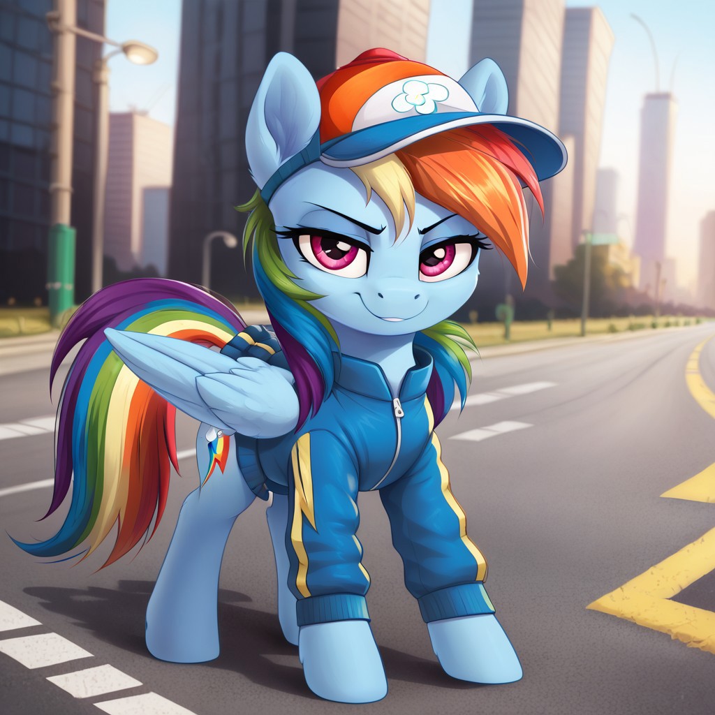 score_9, score_8_up, score_7_up, score_6_up, score_5_up, score_4_up, pony, g4, solo, rainbow dash, cap, skirt, jacket, happy, smile, city, road, look at you, full body, black background, detailed fur, cute, glare, high res, lidded eyes, detailed face, detailed face