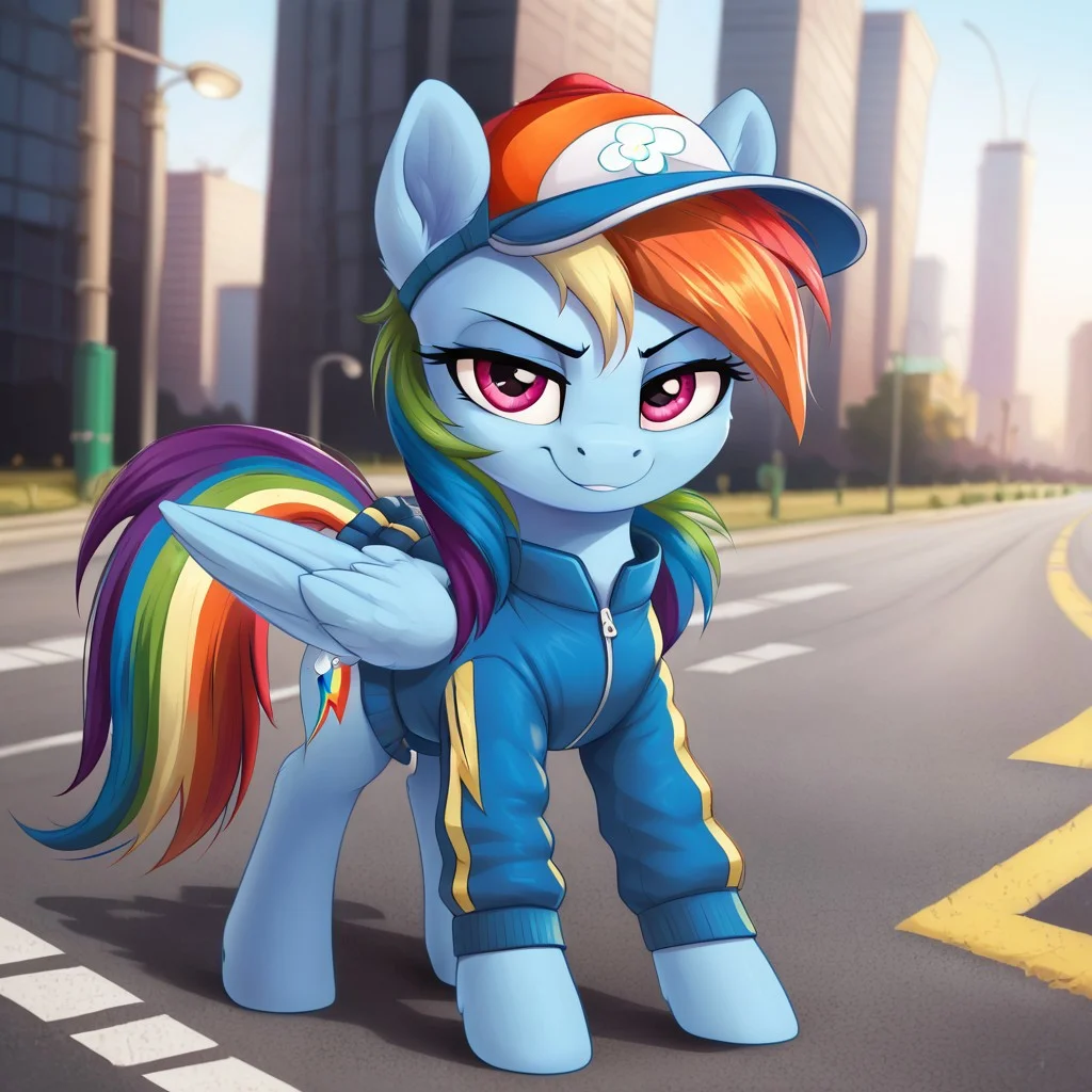 score_9, score_8_up, score_7_up, score_6_up, score_5_up, score_4_up, pony, g4, solo, rainbow dash, cap, skirt, jacket, happy, smile, city, road, look at you, full body, black background, detailed fur, cute, glare, high res, lidded eyes, detailed face, detailed face