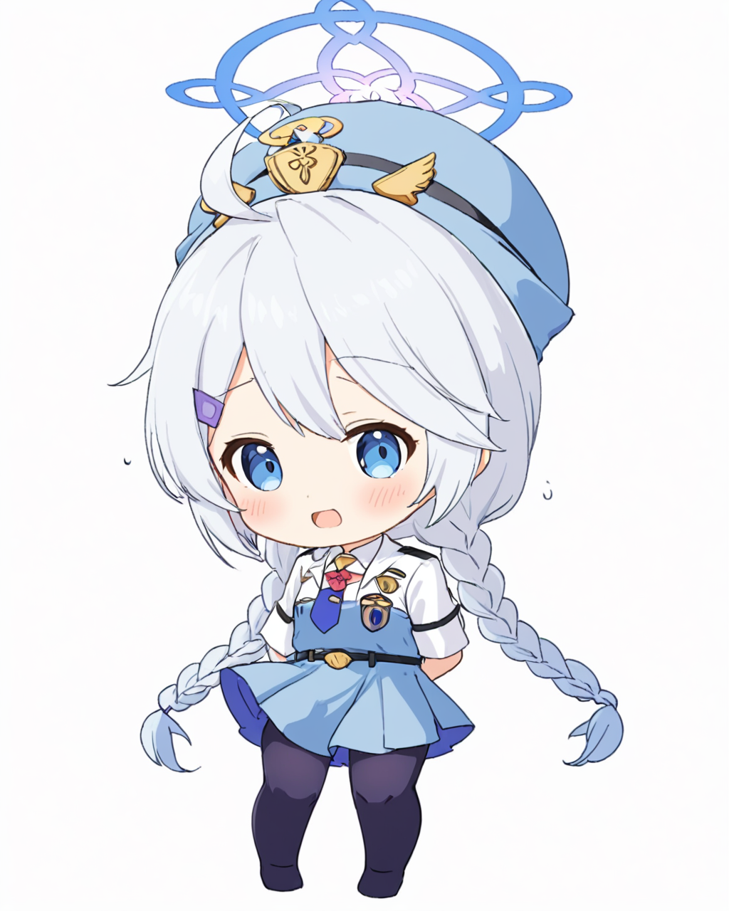kirino \(blue archive\),1girl, halo, twin_braids, solo, white_background, handcuffs, wariza, open_mouth, hairclip, simple_background, hat, full_body, chibi, looking_at_viewer, tears, belt, blush, ahoge, black_pantyhose, blue_necktie, flying_sweatdrops, blue_skirt, shirt, blue_headwear, white_footwear
<lora:kirino_(blue_archive)_image172_2023-12-01:1>halo. gorgeous,key visual, vibrant, studio anime,award-winning, professional, highly detailed,high budget, cinemascope