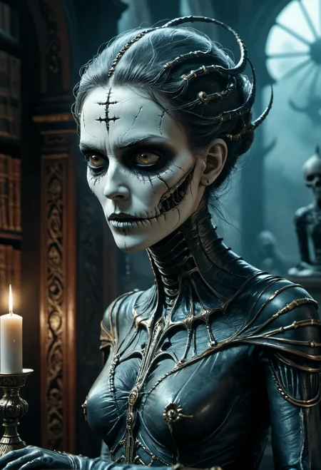 cinematic film still Surreal horror style by grim Sophia Rapata and h.r. giger,surreal abstract art,a female ghoul haunting a ancient library of an evil magician,ghostly garments,bandages,undead woman,depth of field,unsettling,asymmetric abnormalities,surreal masterpiece,insanely detailed,insane imagination illustrated,sharp focus,creepy,never before seen art of an evil mastermind,demented dream,<lora:Creat0rDet4ilz:0.7>,ziprealism, Ultra-HD-details, glow effects, godrays, Hand drawn, render, 8k, octane render, cinema 4d, blender, dark, atmospheric 8k ultra detailed, cinematic, Sharp focus, big depth of field, Masterpiece, 3d octane render, 8k, concept art, trending on artstation, hyperrealistic, extremely detailed CG unity 8k wallpaper, trending on CGSociety, Intricate, High Detail, dramatic . shallow depth of field, vignette, highly detailed, high budget, bokeh, cinemascope, moody, epic, gorgeous, film grain, grainy